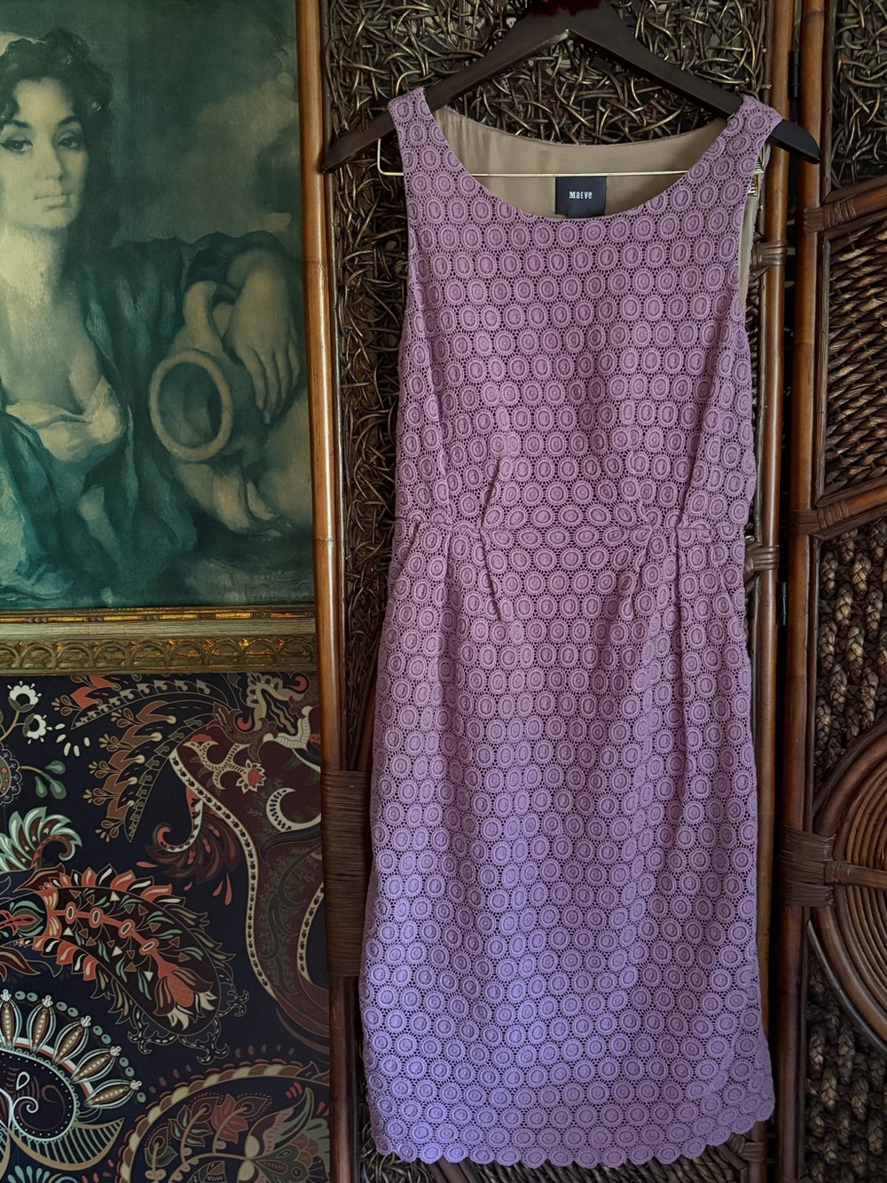 Maeve Anthropologie Dusty Mauve Crochet Sheath Dress Size 4 Romantic Cottagecore